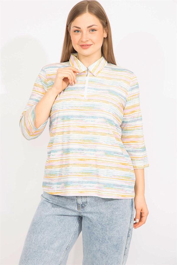 Kadın Renkli Büyük Beden Pamuklu Kumaş Ön Pat Fermuarlı Renkli Bluz 65N35570
