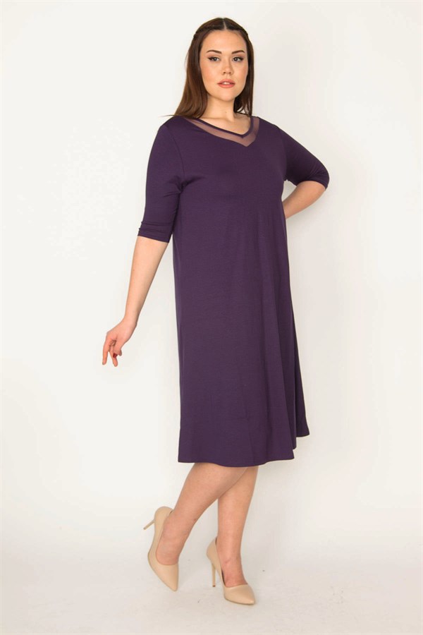 KADIN MOR YAKASI TÜL VE DANTEL DETAYLI ELBİSE