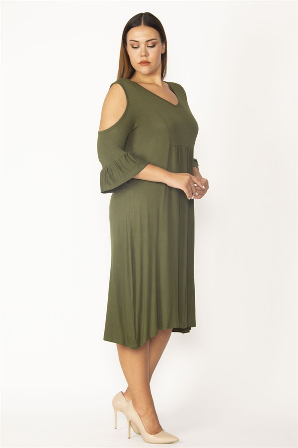 Kadın Haki Omuz Dekolteli Göğüs Büzgü Ve Kol Volan Detaylı Viskon Elbise 65N27447