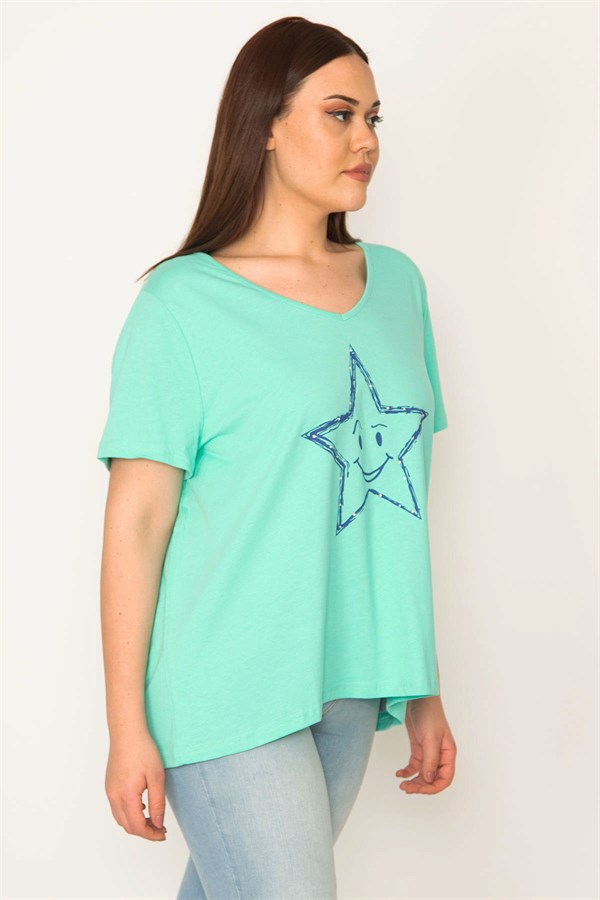 KADIN YEŞİL TAŞ BASKILI V YAKALI BLUZ