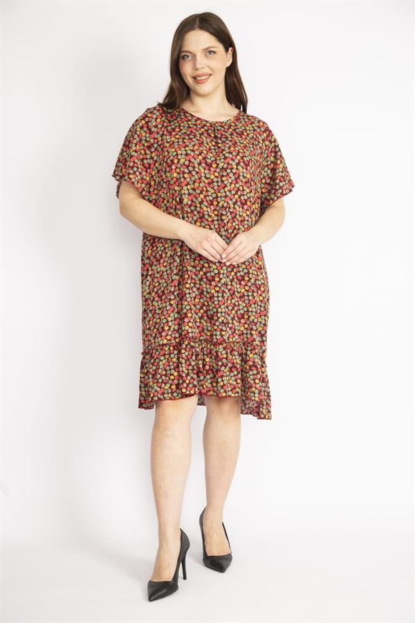 Kadın Bordo Büyük Beden Bisiklet Yakalı Etek Ucu Katlı Elbise