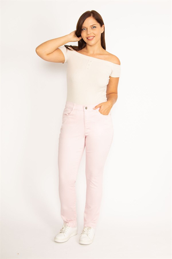Kadın Pembe Likralı Gabardin Kumaş Yan Kemer Lastikli 5 Cepli Pantolon 65N34542