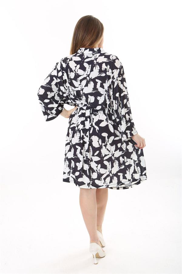 Kadın Büyük Beden Siyah Ön Pat Fermuarlı Beli Tünel Bağcıklı Kapri Kollu Elbise 65N37623