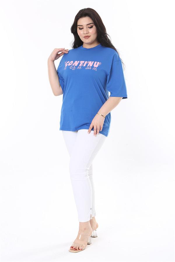 Kadın Büyük Beden Saks Pamuk Kumaş Ön Baskılı Kısa Kollu Bluz 65N38008