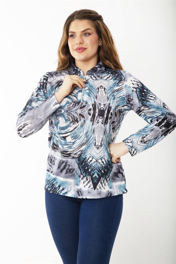 Kadın Büyük Beden Bordo Ön Patı Fermuarlı Uzun Kollu Desenli Bluz 65N37218