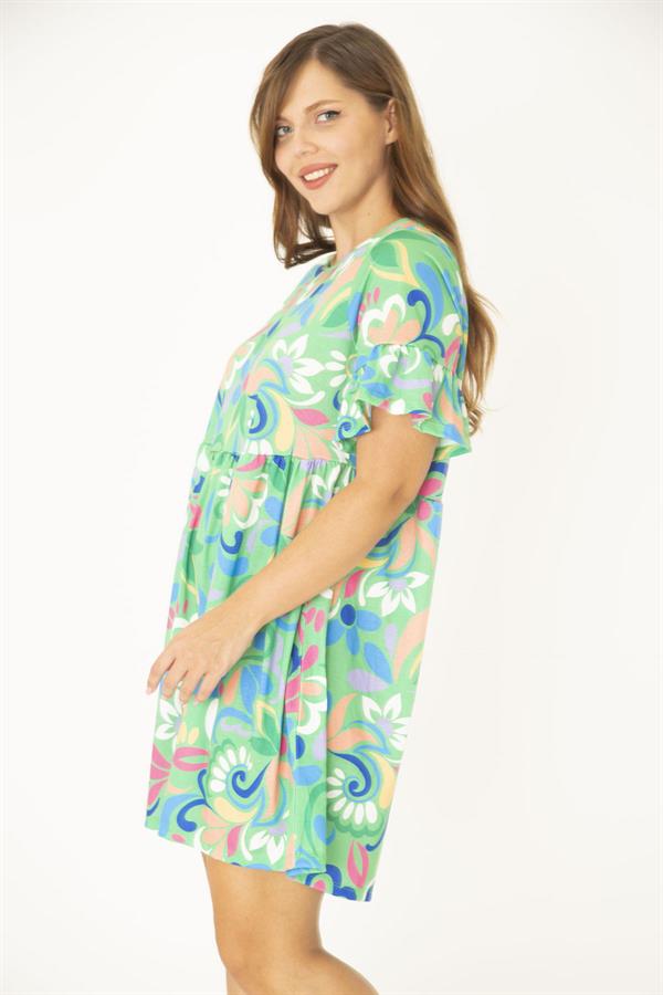 Kadın Büyük Beden Yeşil Bisiklet Yakalı Belden Büzgü Ve Kolları Volan Detaylı Tunik Elbise 65N36881