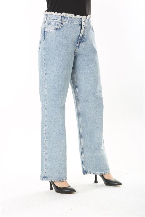 Kadın Büyük Beden Mavi Kemeri Pis Dikişli Yıkama Efektli Kot Pantolon 65N38031