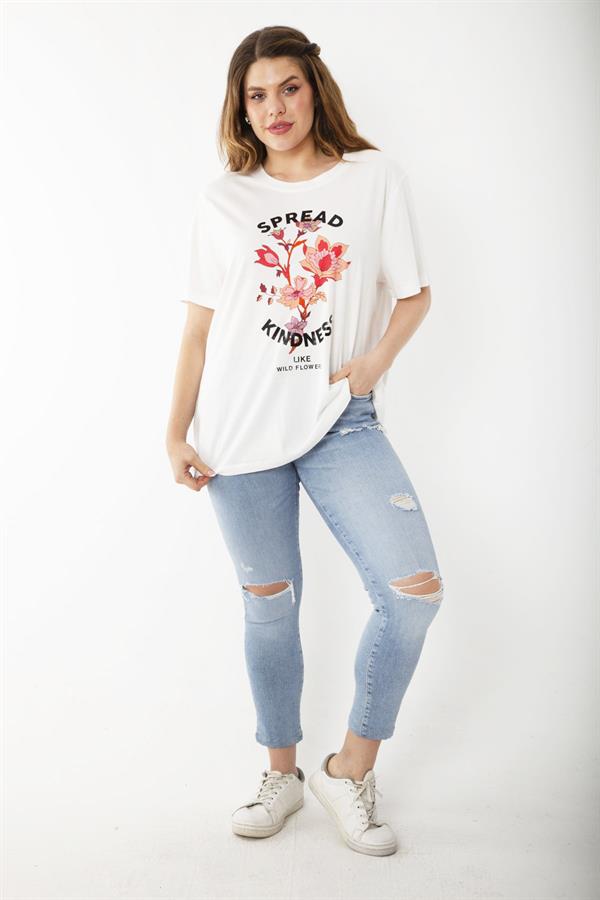 Kadın Büyük Beden Kemik Ön Baskılı Kısa Kollu Bluz 65N37241