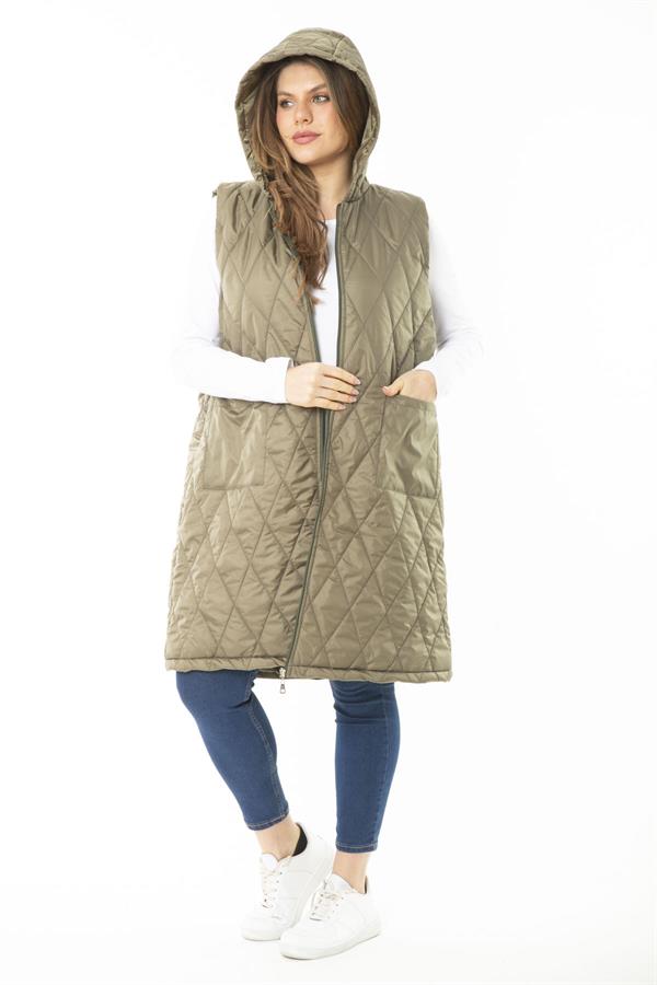 Kadın Büyük Beden Haki Ön Dermuarlı Kapşonlu Kapitone Astarlı Uzun Mont 65N37107