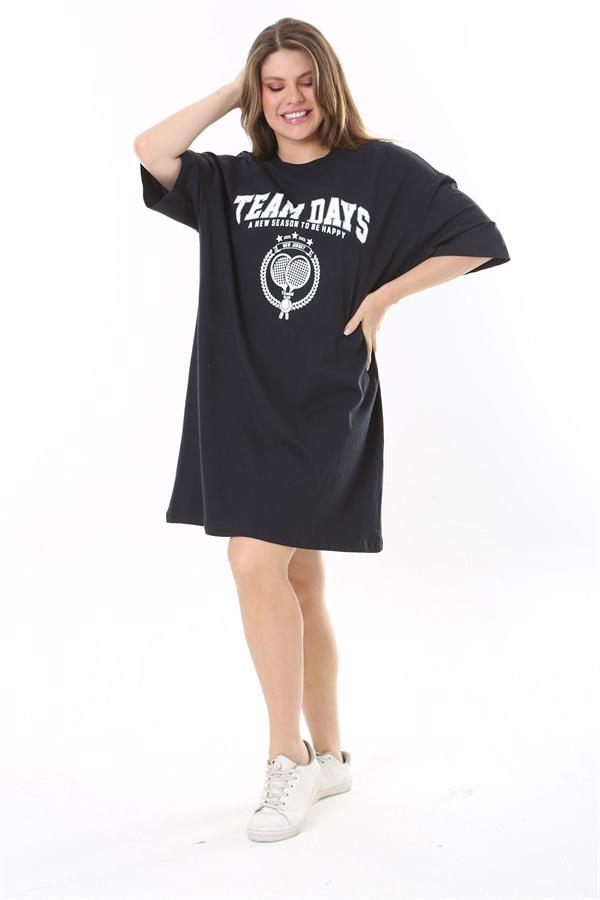 Robe tunique bleu marine à imprimé sur le devant pour femme, grande taille, 65N37790