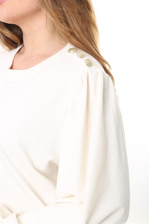 Kadın Büyük Beden Kemik Omuz Büzgülü Nakış Ve Süs Düğme Detaylı Sweatshirt 65N37526