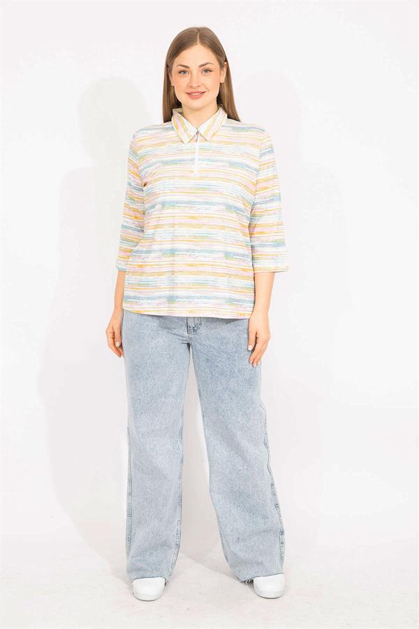 Kadın Renkli Büyük Beden Pamuklu Kumaş Ön Pat Fermuarlı Renkli Bluz 65N35570