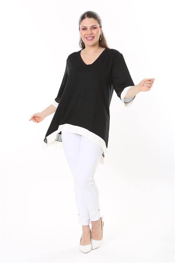 Kadın Büyük Beden Kemik Kol Ve Etek Ucu Tül Ve Garni Detaylı V Yakalı Arkası Uzun Tunik 65N37681