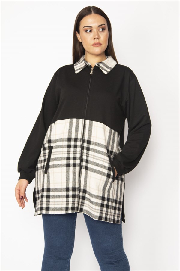 Kadın Bej Ekose Desen Detaylı Fermuarlı Cepli Mont 65N29569