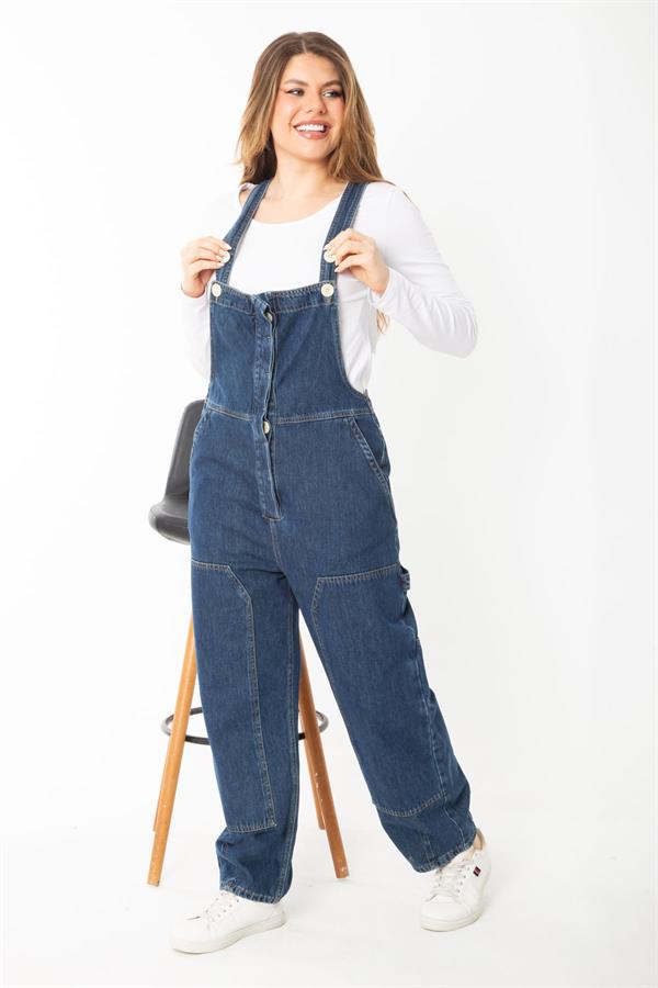 Salopette en jean bleu marine pour femme, boutonnée et à bretelles dissimulées, 65N37372