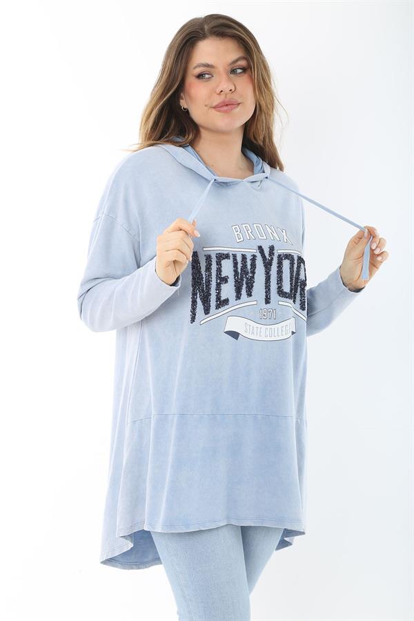 Kadın Büyük Beden Mavi Payet Detaylı Arkası Uzun Kapşonlu Sweatshirt 65N37463