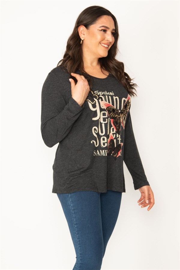 KADIN FÜME BASKI DETAYLI TAŞ İŞLİ KELEBEK FİGÜRLÜ BİSİKLET YAKA TUNİK