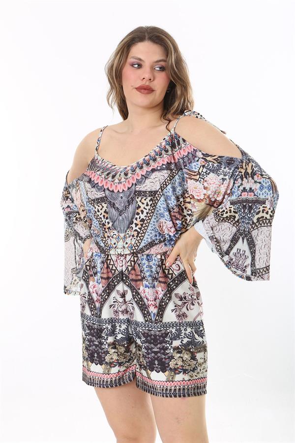 Kadın Büyük Beden Renkli Omuz Dekolteli Şort Tulum 65N37993