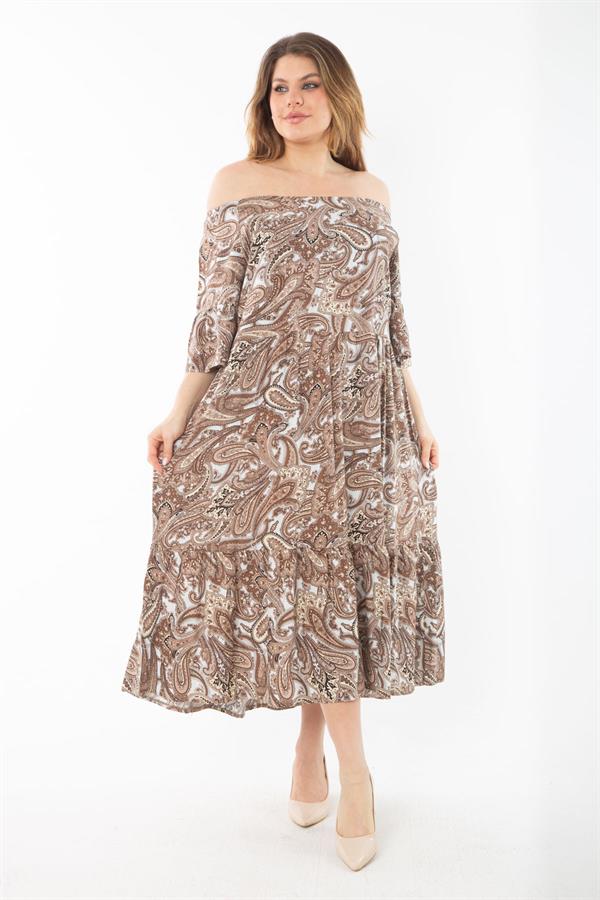 Kadın Büyük Beden Renkli Yaka Lastikli Dokuma Viskon Kumaş Katlı Elbise 65N37349