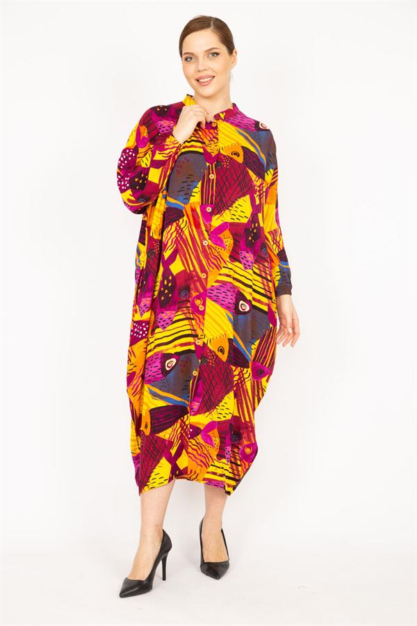 Kadın Fujya Büyük Beden Dokuma Viskon Kumaş Ön Boy Düğmeli Elbise