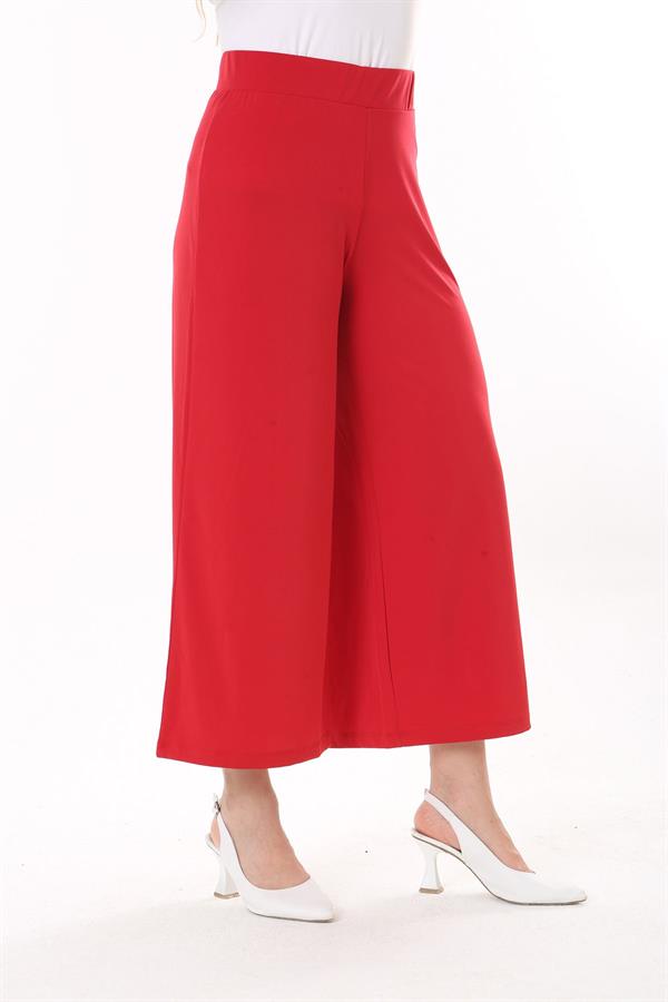 Kadın Büyük Beden Kırmızı Geniş Paçalı Beli Lastikli Likralı Sandy Kumaş Pantolon 65N37443