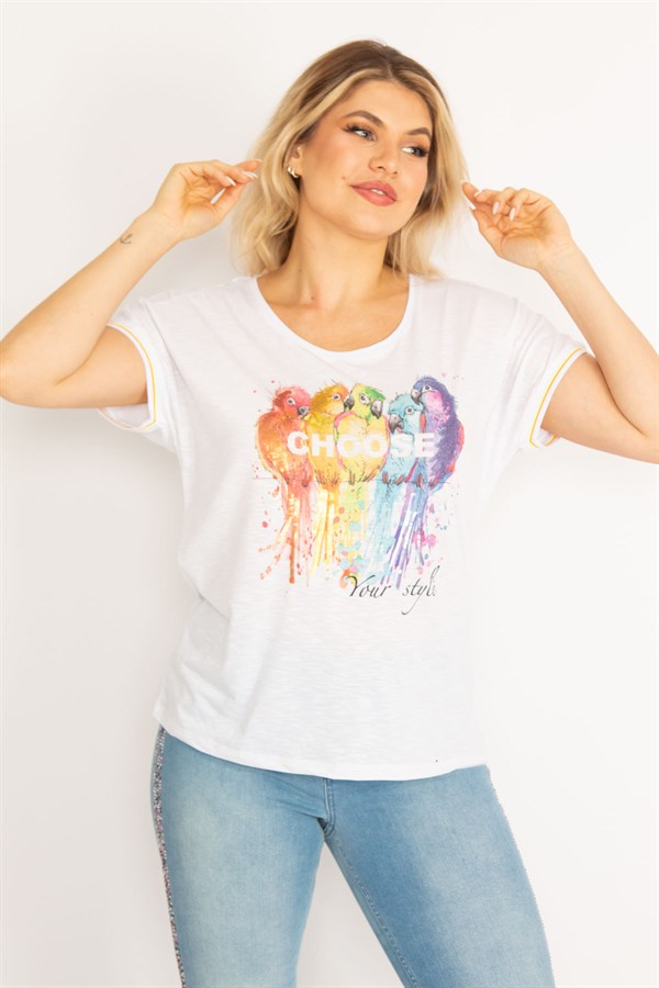 Kadın Beyaz Ön Baskılı Kolları Ribanalı Bluz 65N34715