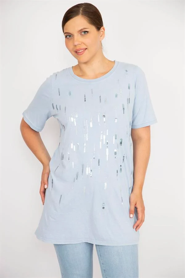 Kadın Büyük Beden Bebe Mavisi Payet Ve Taş İşli Bisiklet Yakalı Bluz