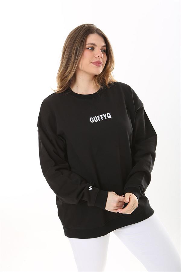 Kadın Büyük Beden Siyah Pamuk Kumaş Nakış Yazılı Sweatshirt 65N37616