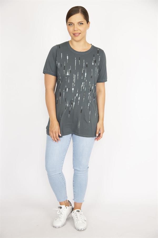 Kadın Büyük Beden Bebe Mavisi Payet Ve Taş İşli Bisiklet Yakalı Bluz