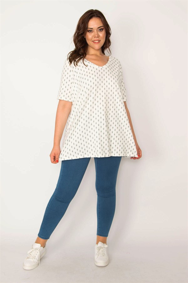 Kadın Kemik Pamuklu Kumaş V Yakalı Desenli Bluz 65N33540