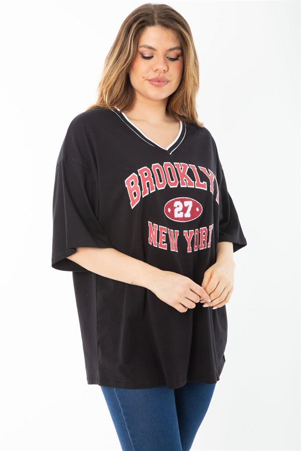 Kadın Büyük Beden Siyah Pamuklu Kumaş V Yaka Ribana Ve Baskı Detaylı Tunik 65N37456