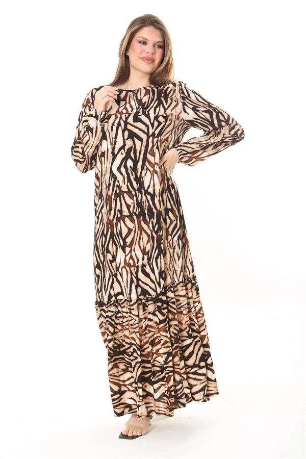 Kadın Kahve Dokuma Viskon Kumaş Eteği Katlı Uzun Kollu Elbise 65N37867