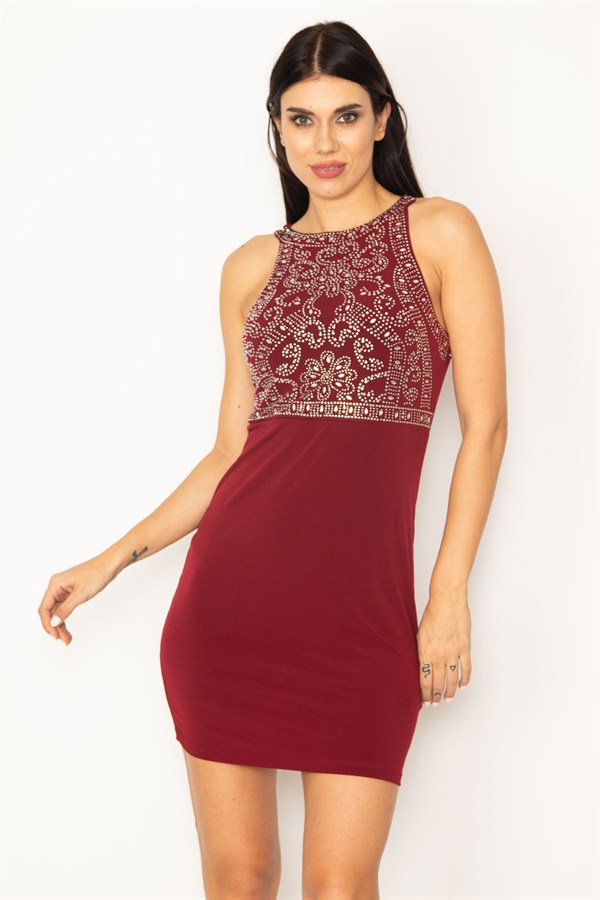 KADIN BORDO TAŞ DETAYLI HALTER YAKA ABİYE ELBİSE