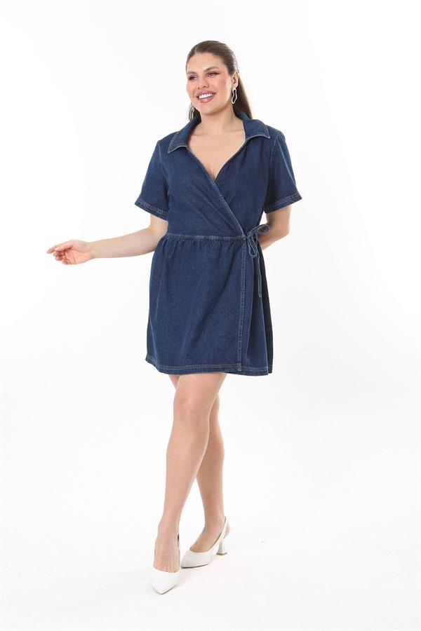 Kadın Büyük Beden Lacivert Bel Bağcıklı Anvelop Kot Elbise 65N37733