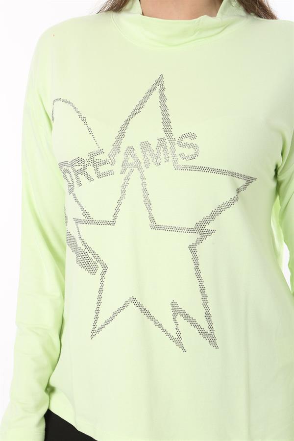 Kadın Büyük Beden Yeşil Sıfır Yaka Taş Detaylı Uzun Kollu Bluz 65N37708