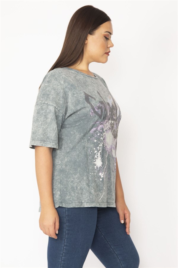 Kadın Renkli Yıkamalı Kumaş Ön Baskılı Bluz 65N28366