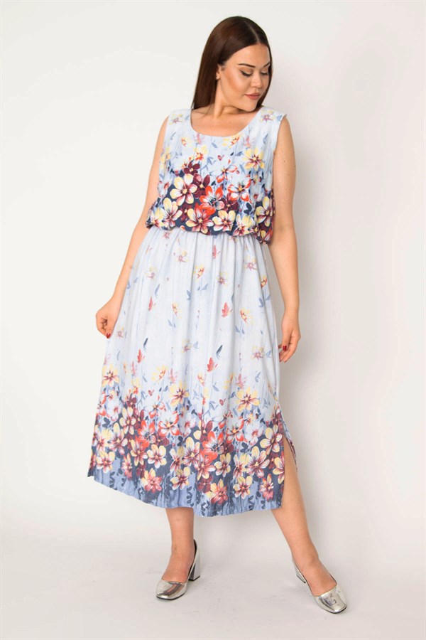 Kadın Mavi Bel Kısmı Lastikli Desenli Elbise 65N33217