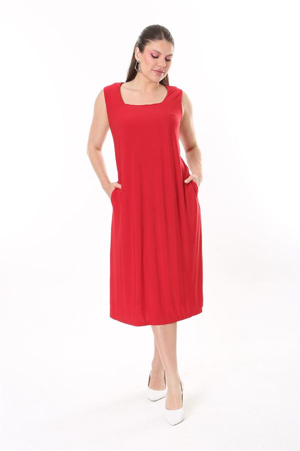 Kadın Büyük Beden Kırmızı Kare Yakalı Kolsuz Uzun Elbise 65N37738