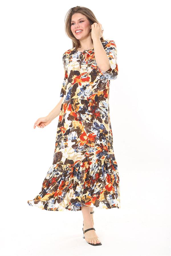 Kadın Büyük Beden Mavi Dokuma Viskon Kumaş Eteği Katlı Kısa Kollu Elbise 65N37868