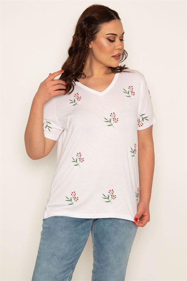 KADIN BEYAZ V YAKALI NAKIŞ DETAYLI BLUZ