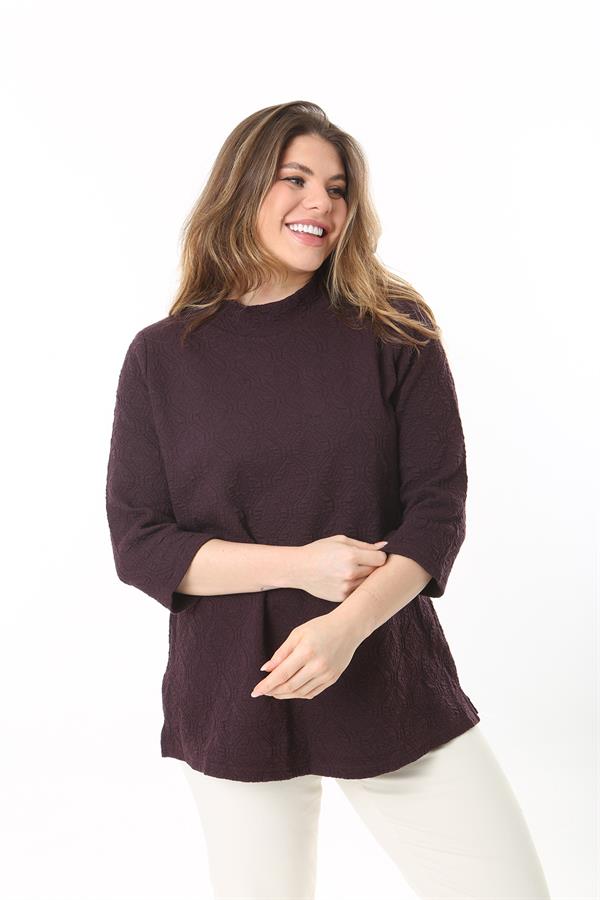 Kadın Büyük Beden Mürdüm Sıfır Yakalı Kendinden Desenli Kapri Kollu Tunik 65N37495