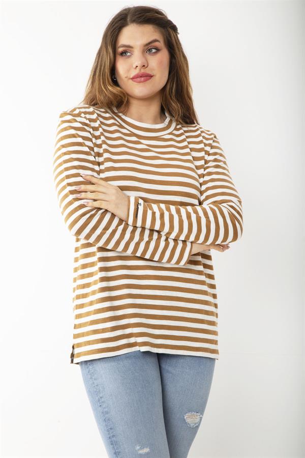 Kadın Büyük Beden Sütlükahve Uzun Kollu Çizgili Bluz 65N37217