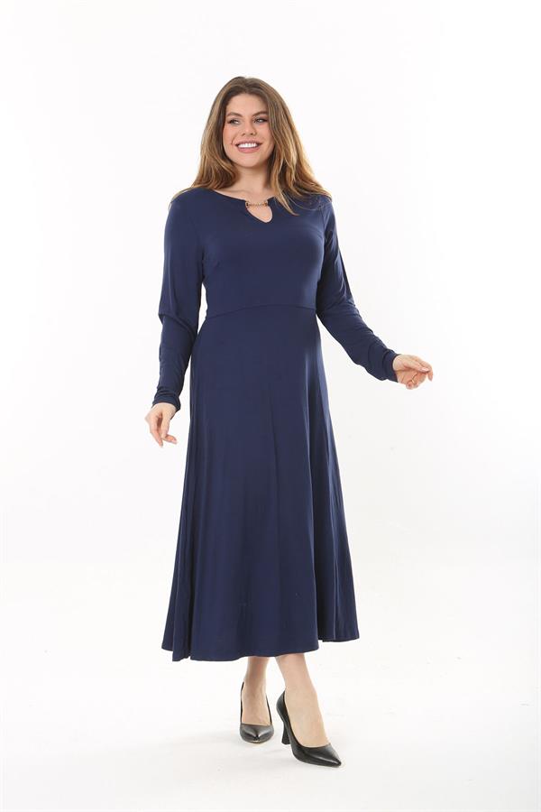 Kadın Büyük Beden Lacivert Öpücük Yakalı Uzun Kollu Elbise 65N37558