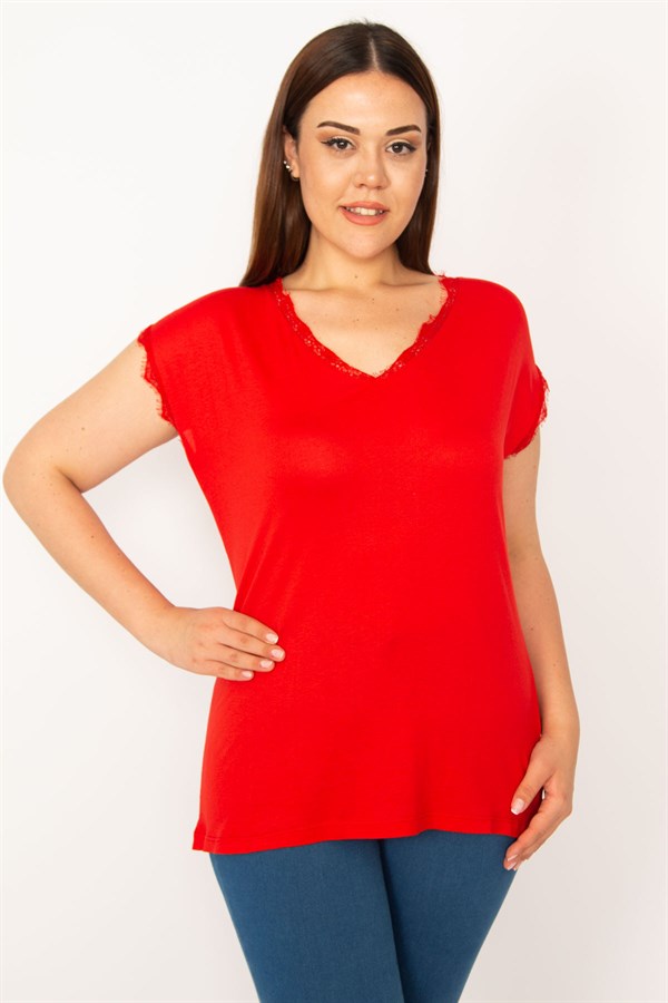 Kadın Kırmızı Dantel Detaylı Bluz 65N33426