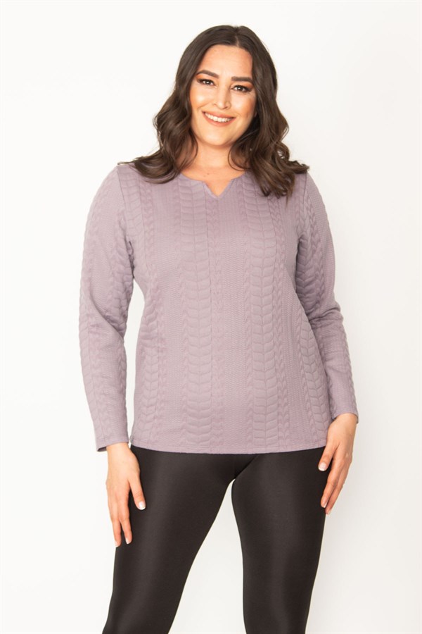 KADIN LACİVERT V YAKALI ARKA ŞERİT DETAYLI KENDİNDEN DESENLİ TUNİK