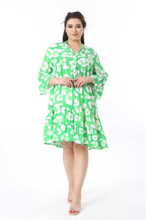 Kadın Büyük Beden Yeşil Ön Pat Düğmeli Katlı Elbise 65N38598