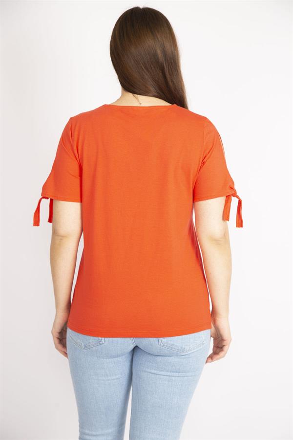 Kadın Nar Büyük Beden Pamuklu Kumaş Kol Bağcıklı Bluz