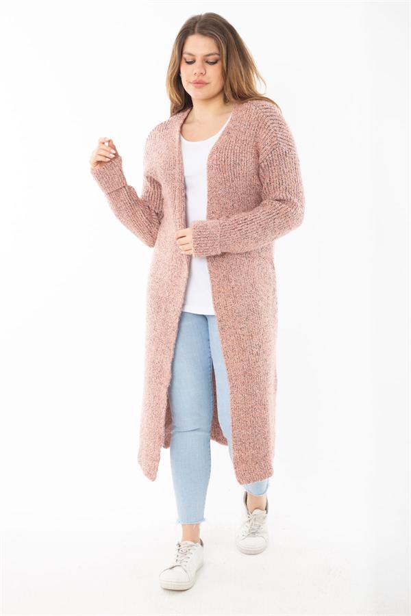 Kadın Büyük Beden Renkli Yırtmaçlı Kalın Triko Uzun Hırka 65N37306