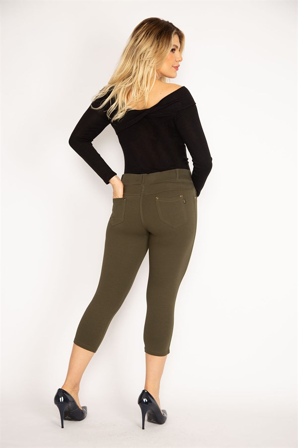 Kadın Haki Ön Süs Cep Ve Arka Cepli Tayt Kapri 65N34887
