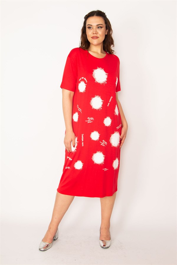 Kadın Kırmızı Ön Baskılı Viskon Elbise 65N33248